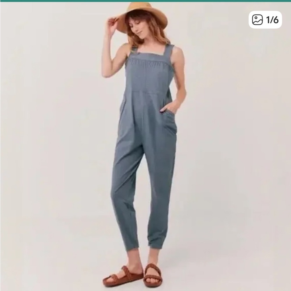 Pact Organic Blue Alice Overall Wide Leg Jumpsuit Romper Tank Straps Pockets XL
